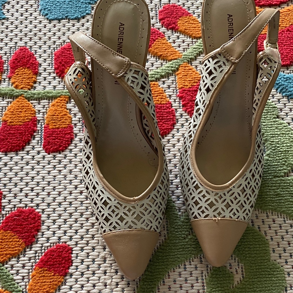 Adrienne Vittadini Tan and White Cutout Heels